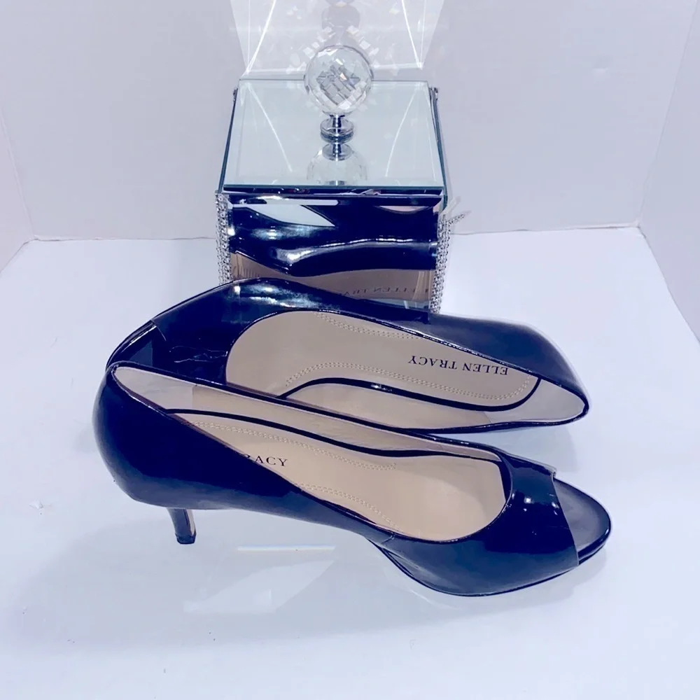 Ellen Tracy Vanna Black Patent Leather Peep-toe Women Shoes 2.5